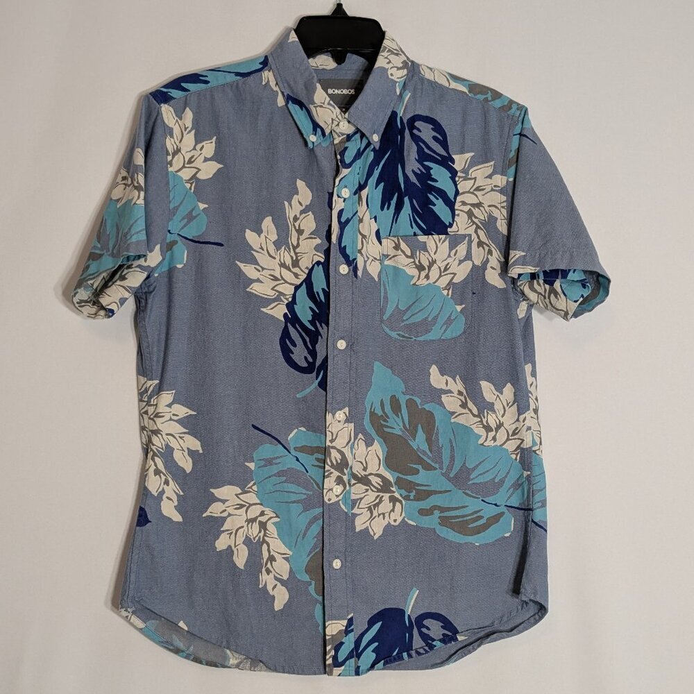 BONOBOS Slim Fit Blue Oxford Short Sleeve Floral Tropical Button Shirt; Size M